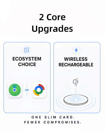 UQO slim card tracker with wireless charging and Apple Find My or Google Find Hub compatibility