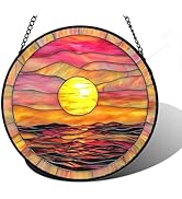 DASTOLL Stained Glass Window Hanging, Sunrise Sea Surface Sun Catchers Diamond Glass Panel Hangin...