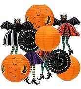 UNIQOOO 12Pcs Halloween Hanging Decorations Paper Lanterns, Orange Black Purple Witch Bat Fan for...