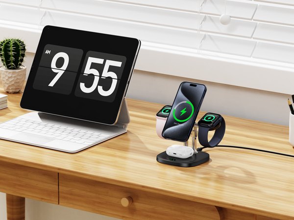 Desk setup with large digital clock display, wireless charging pad for smartphone and smartwatch, on wooden surface with small cactus.