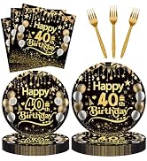 96Pcs 40th Happy Birthday Tableware Set Black Gold Disposable Paper Plates and Napkins with Forks...