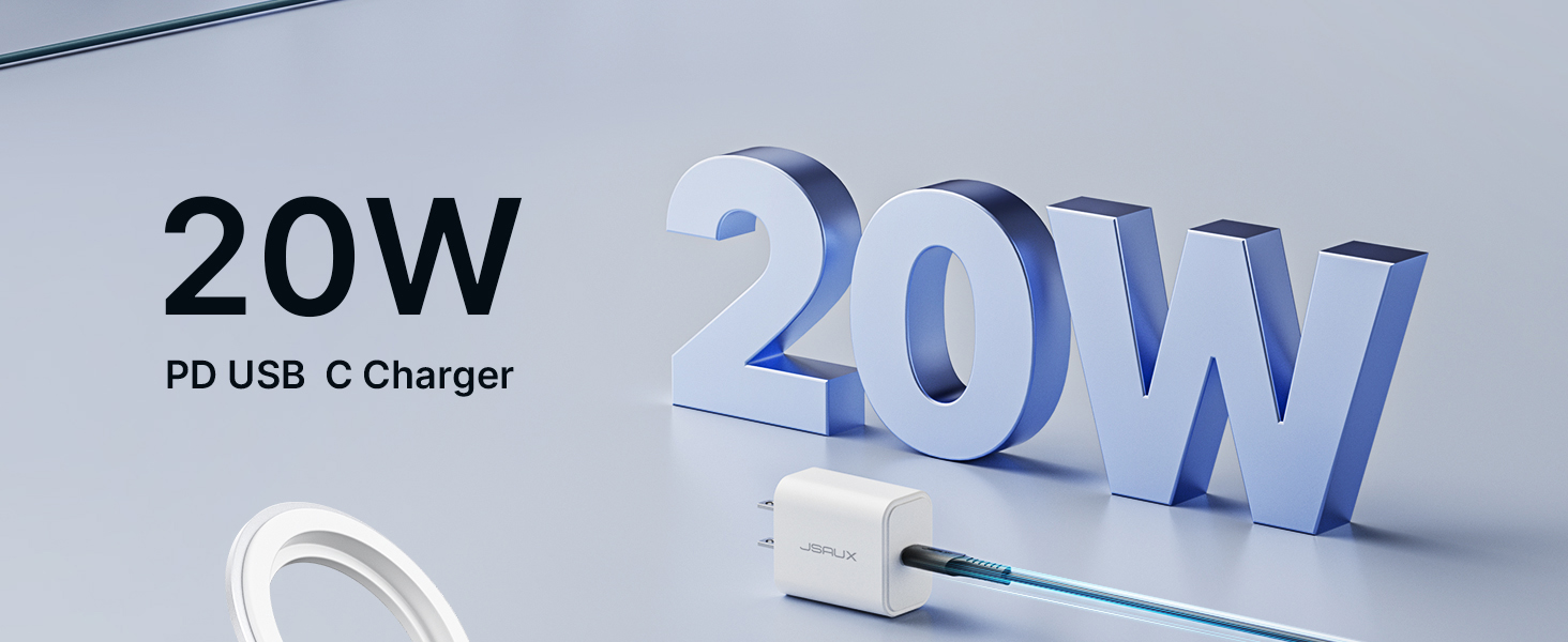 White 20W PD USB-C charger with cube-shaped adapter and attached cable. Large '20W' text in 3D blue letters beside the charger.