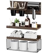 Puricon Floating Bathroom Shelves with Hair Dryer Holder, 3-Tier Rustic Wood Wall Mounted Organiz...