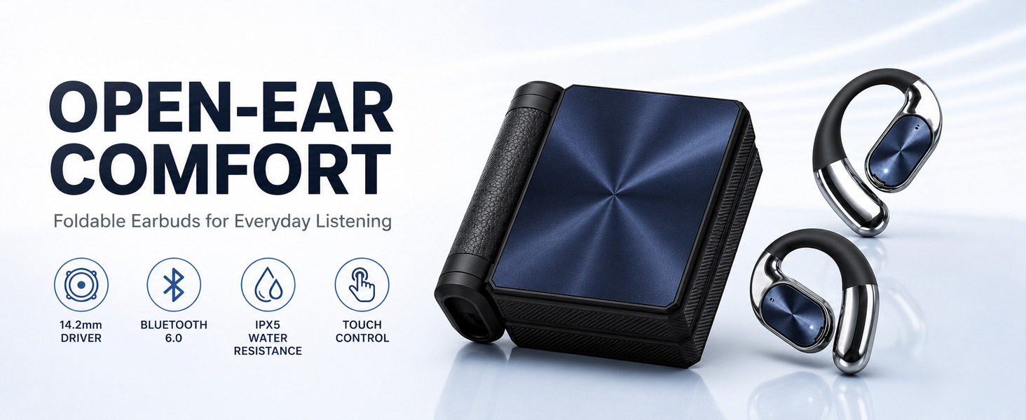 Open-ear earbuds with charging case, 14.2mm driver, Bluetooth 6.0 and IPX5