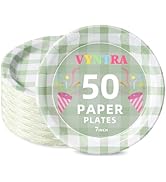 Vyntra Sage Green Gingham 7 Inch Round Paper Plates, 50 Count Heavy Duty Microwave Safe Disposabl...