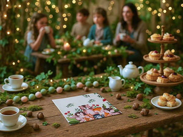Cupcakes and macarons paired with elegant toile napkins in a party setting.