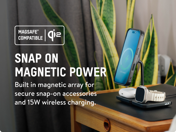 Close-up product shots of wireless charging device in wood-toned setting with plants. Shows magnetic attachment mechanism and charging capabilities.