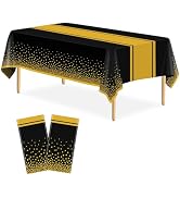 LIKAJON 2 Pack Black and Gold Tablecloth Party Decorations Plastic Black Tablecloth Printed Gold ...