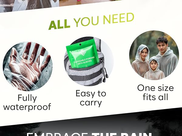 Disposable Rain Ponchos for Adults - Clear Ponchos with Sleeves, Hood, Compact, Clear, for Emergency
