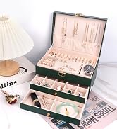 PU Leather Jewelry Organizer Box with Quilted Design Top, Double-Layer Pull-Out Drawer & Multiple...