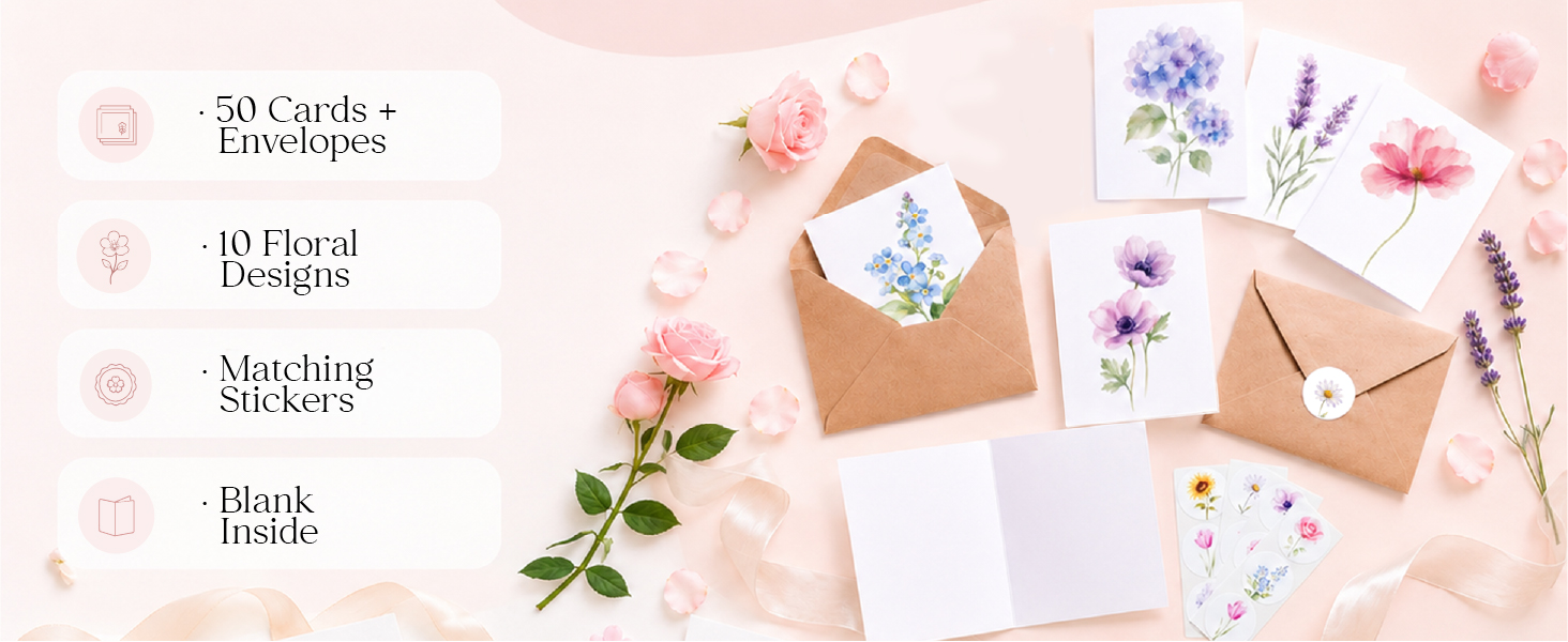 Pack 50 Watercolor Flowers Cards