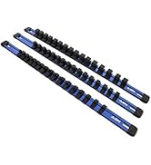 ABN Blue Aluminum SAE Socket Holder Rail 3-Piece Set – 1/4in, 3/8in, 1/2in Socket Rails and 16 Cl...