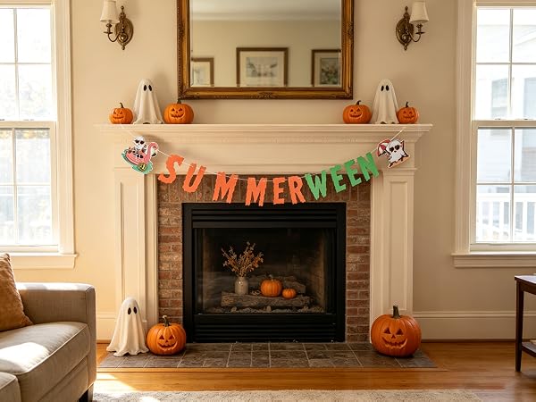 Banner on brick hearth, summer halloween vibe, easy to hang.