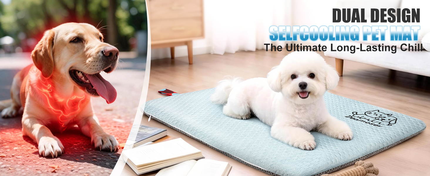 Text reads "DUAL DESIGN" and "Cooling Pet Mat - The Ultimate Long-Lasting Chill." Split image showing golden retriever on red cooling mat outdoors and white dog on blue cooling mat indoors, demonstrating dual-sided product use.