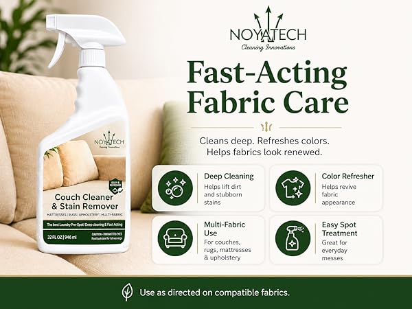 Couch cleaner feature grid – deep cleaning, color refresher, multi-fabric use, easy spot treatment