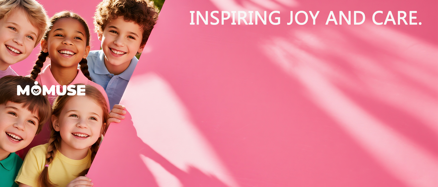 Text reads 'INSPIRING JOY AND CARE.' and 'MOMLUSE'. Pink background with group of children's faces showing joyful expressions.