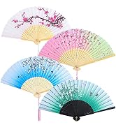 Aneco 4 Pieces Folding Fans Bamboo Handheld Fans Silk Fabric Fans Hand Holding Fans for Wedding, ...