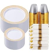 Goodluck 350 Piece Gold Plastic Dinnerware Set for 50 Guests, Disposable Lace Plates for Party, I...