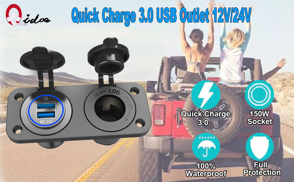 Quick Charge 3.0 USB Charger Socket Dual USB Car Power Outlet Waterproof Marine Cigarette Adapter