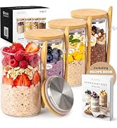 Overnight Oats Containers with Lids, Labels & Spoons (4 x 16oz) Glass Jars for Oatmeal, Meal Prep...