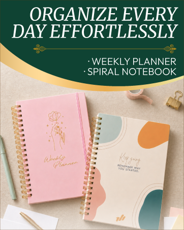 Weekly planner and spiral notebook for daily organization.