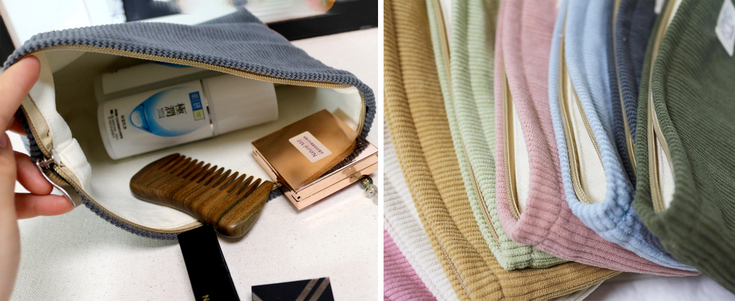 corduroy makeup travel pouch, navy green, creamy pink white blue dark blue