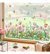 decalmile Spring Pink Tulips Flower Double Sided Window Clings Green Grass Garden Floral Wildflow...