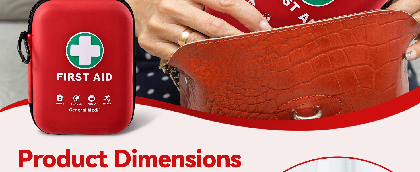 Text reads 'FIRST AID' and 'Product Dimensions'. Red first aid kit shown from multiple angles, displaying compact design and zipper closure.