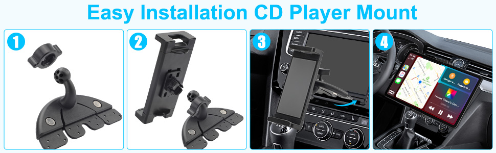 Step-by-step installation guide for CD player car mount, showing black plastic mount components and final dashboard placement.