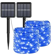 YAOZHOU Solar Christmas String Lights Blue Outdoor Waterproof 100 LED(2 Pack) 8 Modes Copper Stri...