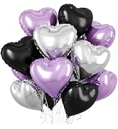 Purple and Black Heart Balloons, 10 Pcs Light Purple Silver Heart Shape Foil Balloon 18 Inch Birt...