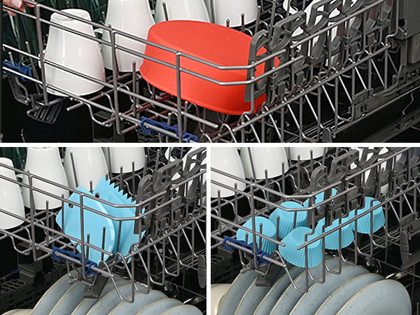 cake pan, silicone cupcake liners, cake smoother scraper are all dishwasher safe