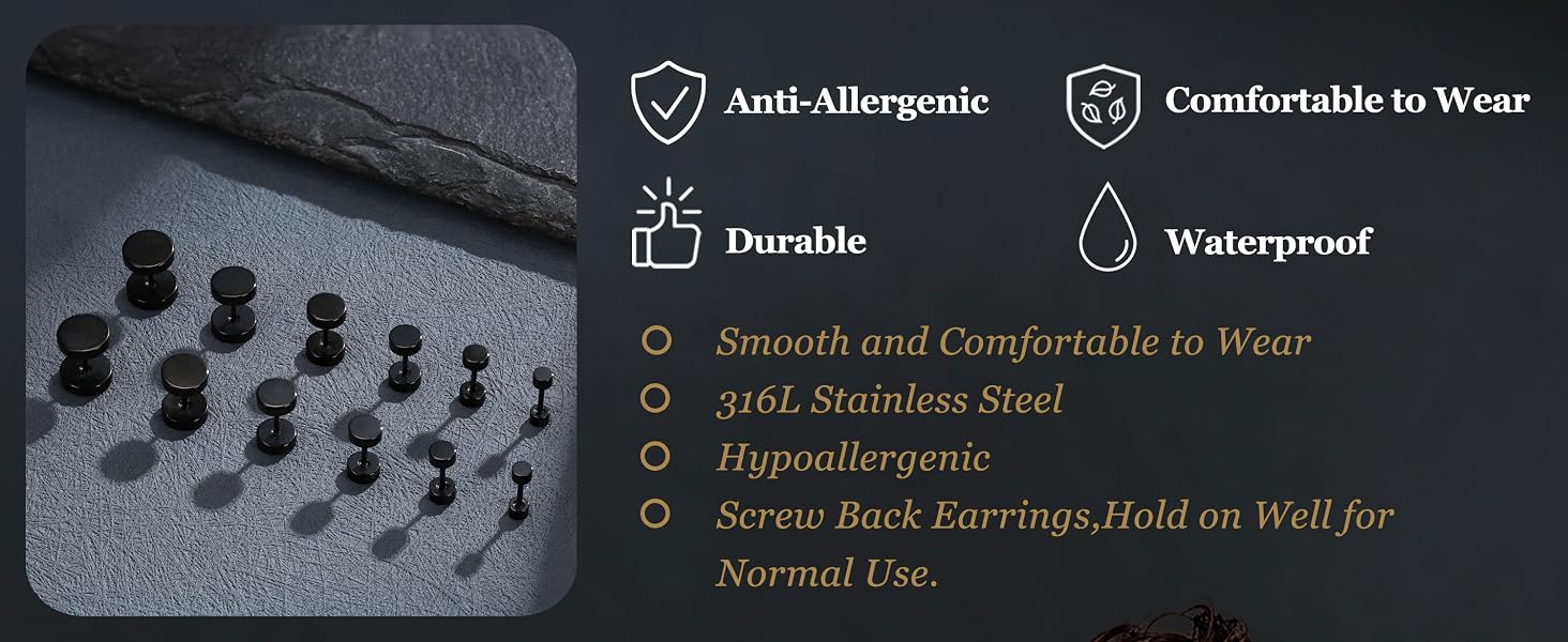 Stainless Steel Black Stud Earrings for Men Women Faux Gauges Ear Tunnel Fake Gauge Earrings