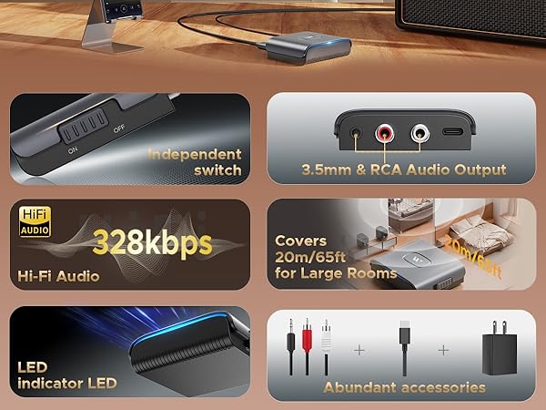 rca bluetooth audio receiver adapter for home stereo speakers 3.5mm