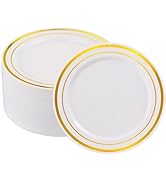 ISFANGCO 50 PCS Gold and White Plastic Plates for 50 Guests,10.25inch Gold Rimmed White Disposabl...