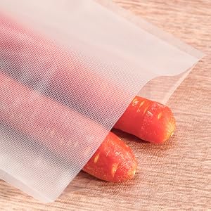 Vacuum sealer bag with a smooth side and a dotted pattern on the other side.