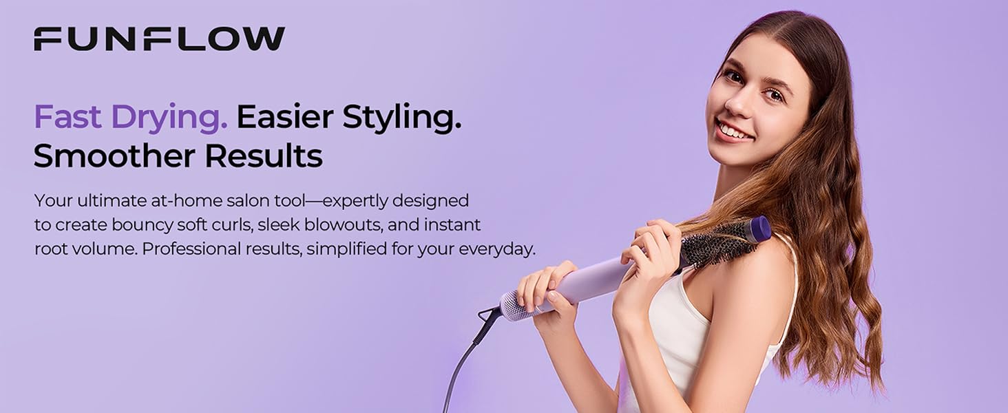 A woman effortlessly styling her hair with a lightweight 6-in-1 air styler for root lift and smooth.