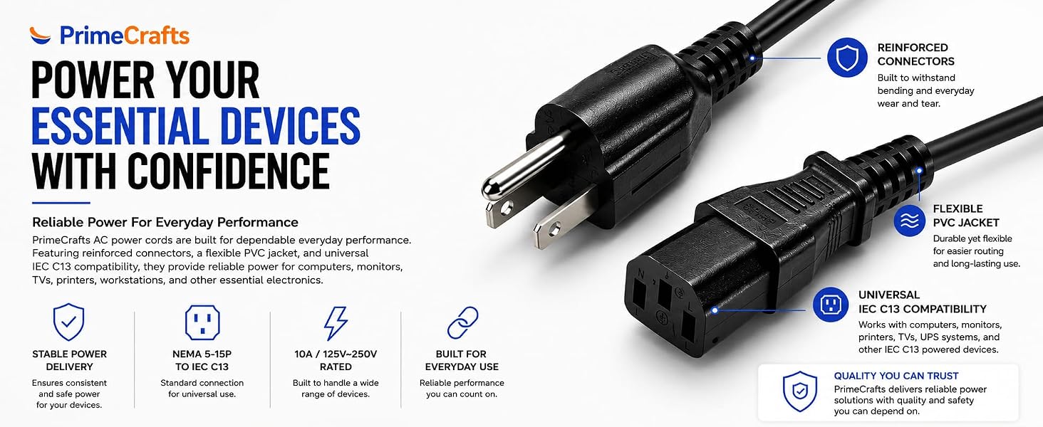 PrimeCrafts AC Power Cord with reinforced connectors and IEC C13 compatibility