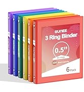 SUNEE 1/2 Inch Binders 3 Ring 6 Pack, 3 Ring Binders Half Inch Clear View PVC-Free (Fit 8.5x11 In...