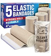 Premium Elastic Bandage Wrap - 4” (5pk) - Strong Compression - Self-Closing Reusable Bandages for...