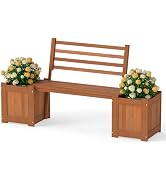 Giantex 2-in-1 Outdoor Bench with Backrest & 2 Raised Garden Beds, Wood with Teak Oil Finish, Pla...