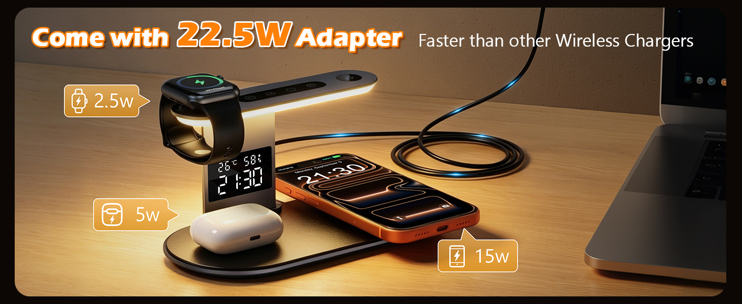 Wireless Charger, 4 in 1 Wireless Charging Station for iPhone with Clock