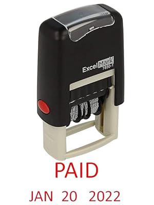 Paid - ExcelMark Self-Inking Rubber Date Stamp - Compact Size - Red Ink