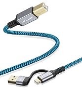 Hftywy 2-in-1 USB A & C to USB B Printer Cable 6.6 Feet, Nylon Braided MIDI Cable for HP, Canon, ...