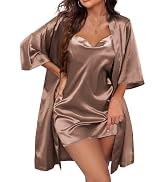 Ekouaer Women's Satin Robe Set Nightgown with Robes Silk Pajama Set 2 Pieces Lingerie Cowl Neck C...