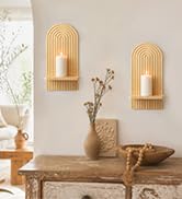VIS'V Wall Mount Candle Holder, Wooden Candle Sconce Holder Boho Wall Decor, Natural, 2 Pcs
