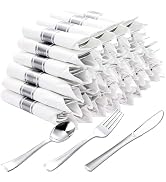 N9R 120 Pack Pre Rolled Silver Plastic Cutlery Set, 120 Forks, 120 Knives, 120 Spoons, 120 Napkin...