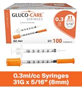 GLUCO-CARE 0.3 ml/cc Syringes 31G x 5/16’’ (8mm), Orange Cap, Box of 100 pcs
