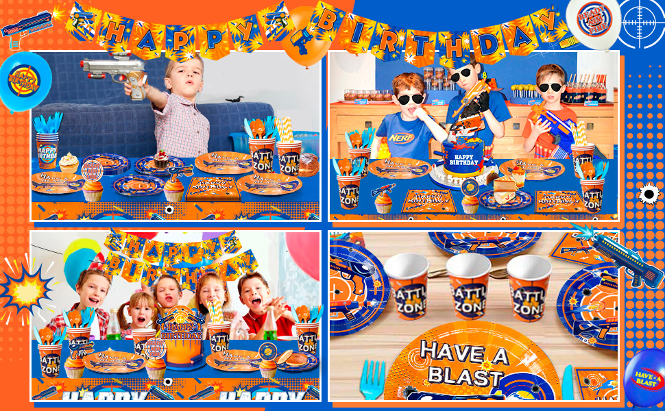 Four-panel screenshot of animated gaming interface showing carnival-themed scenes with blue and orange color scheme and festive decorations.