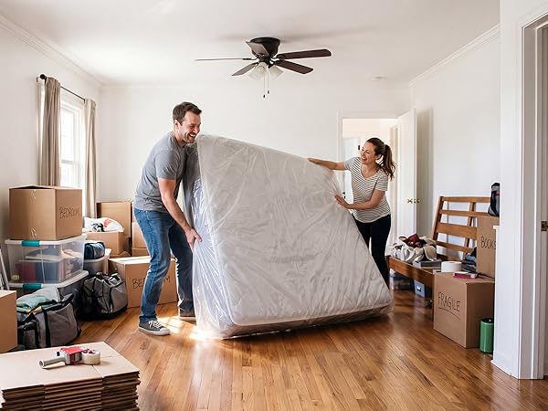 The plastic mattress cover protects your full-size bed during storage and moving.